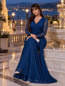Auveirra Plus Size Women's Overlap V-Neck Long Sleeve 3D Floral Decor Elegant Lace Dress Fall - Teal Blue - View 9