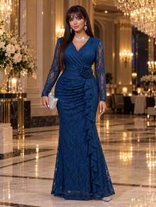 Auveirra Plus Size Women's Overlap V-Neck Long Sleeve 3D Floral Decor Elegant Lace Dress Fall - Teal Blue - View 6