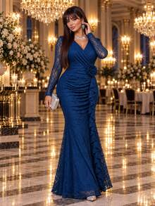 Auveirra Plus Size Women's Overlap V-Neck Long Sleeve 3D Floral Decor Elegant Lace Dress Fall - Teal Blue - View 10