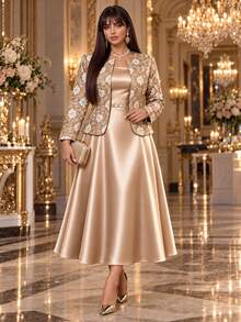 Auveirra Plus Size Women's Jacquard Open Front Jacket And Dress Elegant 2 Pieces Set Christmas - Khaki - View 5