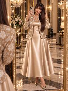 Auveirra Plus Size Women's Jacquard Open Front Jacket And Dress Elegant 2 Pieces Set Christmas - Khaki - View 7