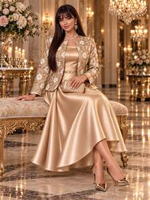 Auveirra Plus Size Women's Jacquard Open Front Jacket And Dress Elegant 2 Pieces Set Christmas - Khaki - View 3