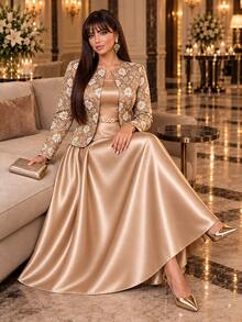 Auveirra Plus Size Women's Jacquard Open Front Jacket And Dress Elegant 2 Pieces Set Christmas - Khaki - View 1