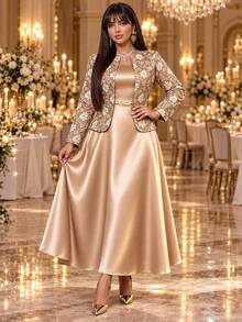 Auveirra Plus Size Women's Jacquard Open Front Jacket And Dress Elegant 2 Pieces Set Christmas - Khaki - View 4