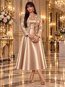 Auveirra Plus Size Women's Jacquard Open Front Jacket And Dress Elegant 2 Pieces Set Christmas - Khaki - View 8