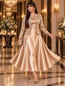 Auveirra Plus Size Women's Jacquard Open Front Jacket And Dress Elegant 2 Pieces Set Christmas - Khaki - View 6