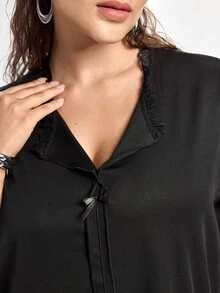 Slumbrini Solid Color Bow Decor Knitted Long Sleeve Top & Pants Lounge Set, Plus Size, Outfits - Black - View 7