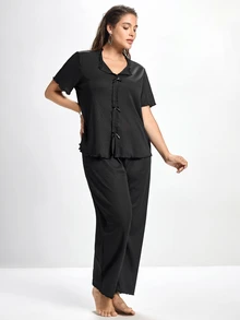 Slumbrini Solid Color Bow Decor Knitted Long Sleeve Top & Pants Lounge Set, Plus Size, Outfits - Black - View 5