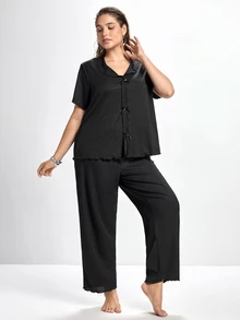 Slumbrini Solid Color Bow Decor Knitted Long Sleeve Top & Pants Lounge Set, Plus Size, Outfits - Black - View 4