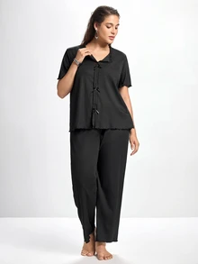 Slumbrini Solid Color Bow Decor Knitted Long Sleeve Top & Pants Lounge Set, Plus Size, Outfits - Black - View 1