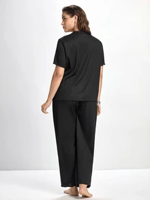 Slumbrini Solid Color Bow Decor Knitted Long Sleeve Top & Pants Lounge Set, Plus Size, Outfits - Black - View 2