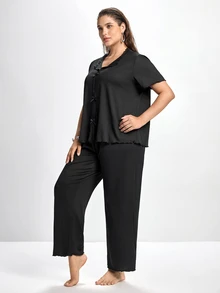Slumbrini Solid Color Bow Decor Knitted Long Sleeve Top & Pants Lounge Set, Plus Size, Outfits - Black - View 3