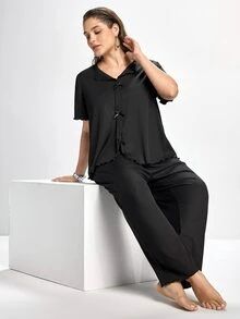 Slumbrini Solid Color Bow Decor Knitted Long Sleeve Top & Pants Lounge Set, Plus Size, Outfits - Black - View 8