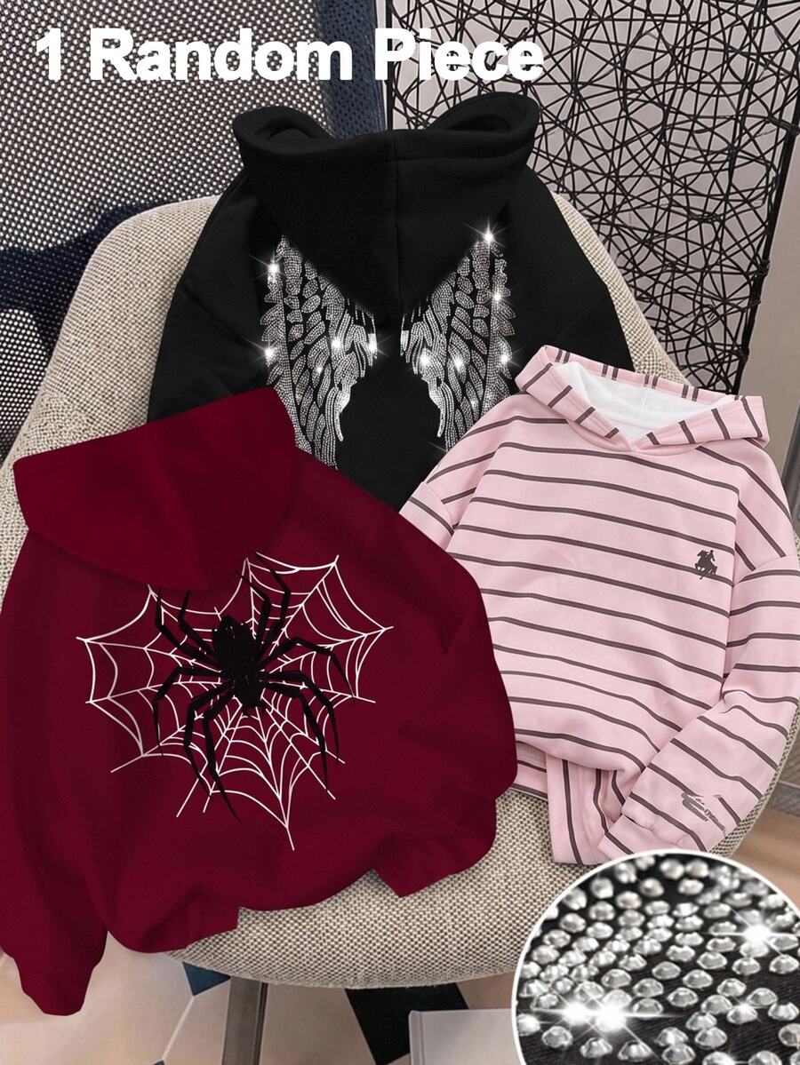 SHEIN Sweatshirt Remaja Perempuan Gaya Y2K Serbaguna untuk Pesta, Motif Garis-garis Kuda dan Logo, Cocok untuk Remaja Perempuan - Berwarna merah muda - View 1