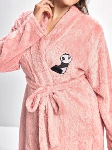 Slumbrini Plus Cartoon Embroidery Belted Teddy Robe , Cozy And Elegant Details, For Fall Winter Outfit, Fluffy - Pink - View 7