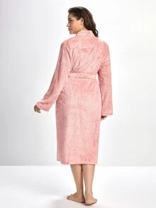 Slumbrini Plus Cartoon Embroidery Belted Teddy Robe , Cozy And Elegant Details, For Fall Winter Outfit, Fluffy - Pink - View 2
