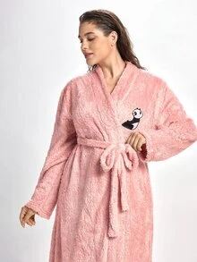 Slumbrini Plus Cartoon Embroidery Belted Teddy Robe , Cozy And Elegant Details, For Fall Winter Outfit, Fluffy - Pink - View 6