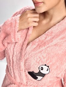 Slumbrini Plus Cartoon Embroidery Belted Teddy Robe , Cozy And Elegant Details, For Fall Winter Outfit, Fluffy - Pink - View 3