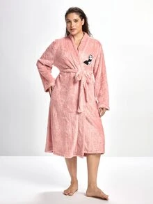 Slumbrini Plus Cartoon Embroidery Belted Teddy Robe , Cozy And Elegant Details, For Fall Winter Outfit, Fluffy - Pink - View 1
