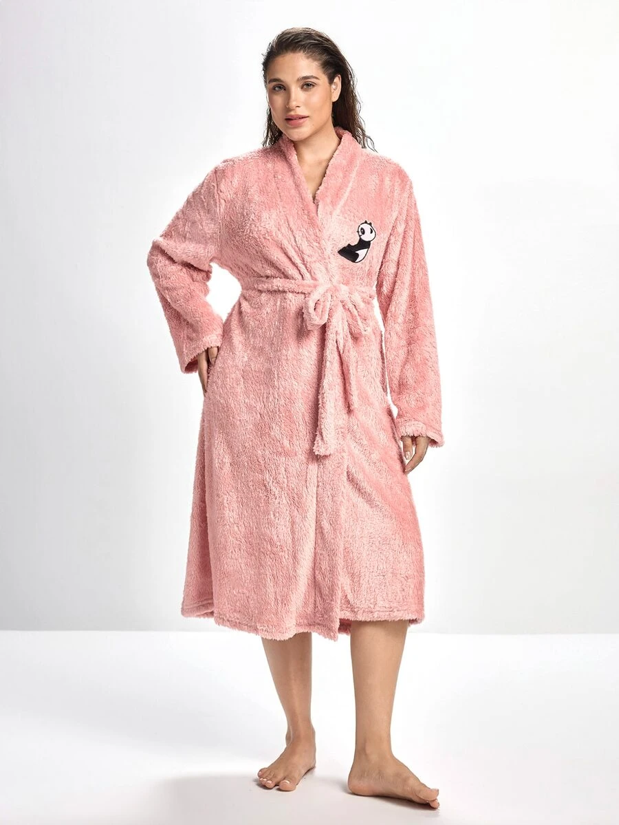 Slumbrini Plus Cartoon Embroidery Belted Teddy Robe , Cozy And Elegant Details, For Fall Winter Outfit, Fluffy - Pink - View 1