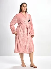 Slumbrini Plus Cartoon Embroidery Belted Teddy Robe , Cozy And Elegant Details, For Fall Winter Outfit, Fluffy - Pink - View 5