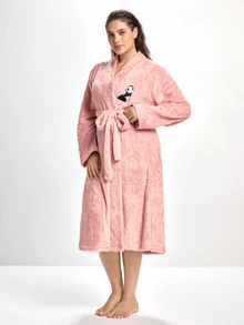 Slumbrini Plus Cartoon Embroidery Belted Teddy Robe , Cozy And Elegant Details, For Fall Winter Outfit, Fluffy - Pink - View 4