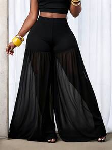 BamGleam Women's Solid Color Pleated Mesh Sheer Casual Wide Leg Pants For Daily Wear - Black - View 7
