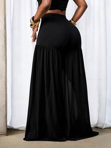 BamGleam Women's Solid Color Pleated Mesh Sheer Casual Wide Leg Pants For Daily Wear - Black - View 4
