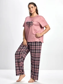 Slumbrini Plaid Heart Pattern Round Neck Short Sleeve Top & Long Pants Plus Size Pajama Set, Outfits  Cozy And Elegant Details, Fall Winter Clothes - Multicolor - View 5