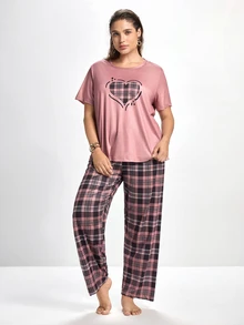 Slumbrini Plaid Heart Pattern Round Neck Short Sleeve Top & Long Pants Plus Size Pajama Set, Outfits  Cozy And Elegant Details, Fall Winter Clothes - Multicolor - View 1