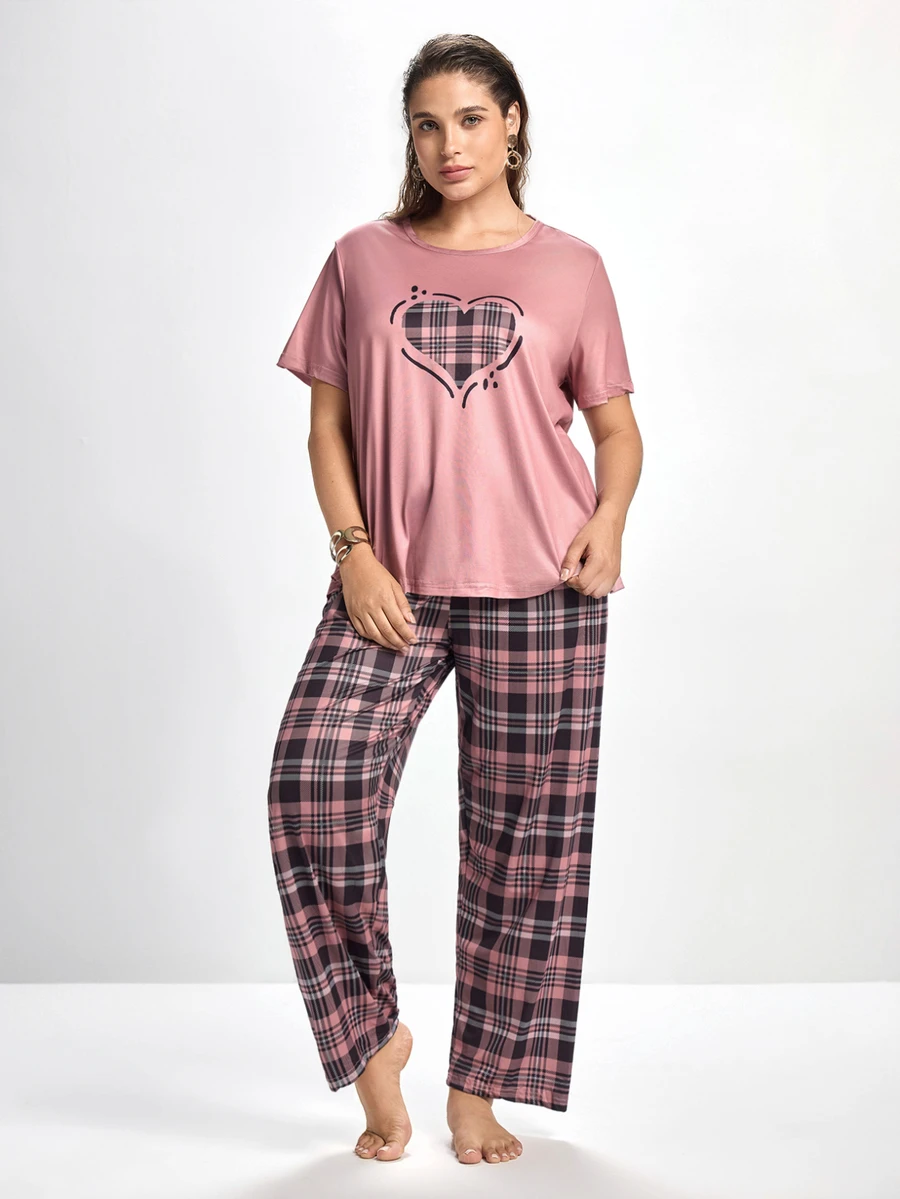 Slumbrini Plaid Heart Pattern Round Neck Short Sleeve Top & Long Pants Plus Size Pajama Set, Outfits Cozy And Elegant Details, Fall Winter Clothes - Multicolor - View 1