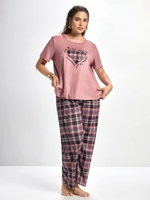 Slumbrini Plaid Heart Pattern Round Neck Short Sleeve Top & Long Pants Plus Size Pajama Set, Outfits  Cozy And Elegant Details, Fall Winter Clothes - Multicolor - View 6