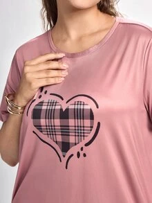 Slumbrini Plaid Heart Pattern Round Neck Short Sleeve Top & Long Pants Plus Size Pajama Set, Outfits  Cozy And Elegant Details, Fall Winter Clothes - Multicolor - View 8