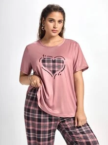 Slumbrini Plaid Heart Pattern Round Neck Short Sleeve Top & Long Pants Plus Size Pajama Set, Outfits  Cozy And Elegant Details, Fall Winter Clothes - Multicolor - View 7