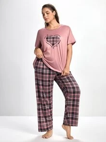 Slumbrini Plaid Heart Pattern Round Neck Short Sleeve Top & Long Pants Plus Size Pajama Set, Outfits  Cozy And Elegant Details, Fall Winter Clothes - Multicolor - View 4