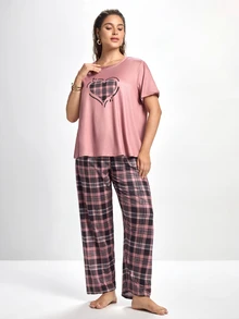 Slumbrini Plaid Heart Pattern Round Neck Short Sleeve Top & Long Pants Plus Size Pajama Set, Outfits  Cozy And Elegant Details, Fall Winter Clothes - Multicolor - View 3