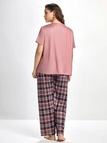 Slumbrini Plaid Heart Pattern Round Neck Short Sleeve Top & Long Pants Plus Size Pajama Set, Outfits  Cozy And Elegant Details, Fall Winter Clothes - Multicolor - View 2