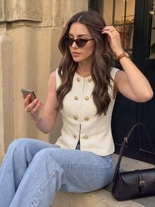 Serisse Women's Commuter Double-Breasted Round Neck Metal Detail Tweed Waist Casual Vest Going Out Tops, Casual Blouses,Elegant Women's Blouses,Work Outfits - Apricot - View 3