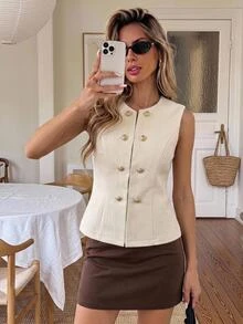 Serisse Women's Commuter Double-Breasted Round Neck Metal Detail Tweed Waist Casual Vest Going Out Tops, Casual Blouses,Elegant Women's Blouses,Work Outfits - Apricot - View 8