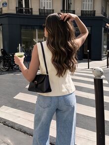 Serisse Women's Commuter Double-Breasted Round Neck Metal Detail Tweed Waist Casual Vest Going Out Tops, Casual Blouses,Elegant Women's Blouses,Work Outfits - Apricot - View 2