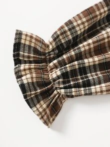SHEIN 兒童青少年女孩長袖格紋收腰蝴蝶結誇張領長洋裝 秋冬款 - 卡其色 - 查看 10