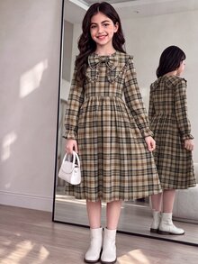 SHEIN 兒童青少年女孩長袖格紋收腰蝴蝶結誇張領長洋裝 秋冬款 - 卡其色 - 查看 7