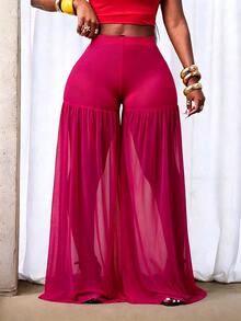 BamGleam Women's Solid Color Mesh Pleated Casual Daily Travel Long Pants - Hot Pink - View 2