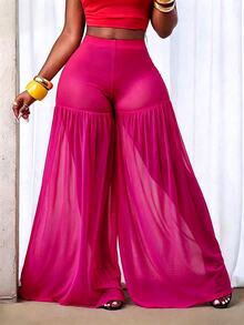 BamGleam Women's Solid Color Mesh Pleated Casual Daily Travel Long Pants - Hot Pink - View 6