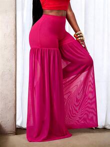 BamGleam Women's Solid Color Mesh Pleated Casual Daily Travel Long Pants - Hot Pink - View 5