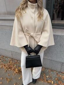 Serisse Women's Elegant Stand Collar Belted Cape Coat, Women's Funnel Neck Batwing Sleeve Button Front Poncho Jacket, Tie Waist Winter Coat For Fall/Winter - Apricot - View 4