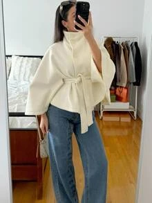 Serisse Women's Elegant Stand Collar Belted Cape Coat, Women's Funnel Neck Batwing Sleeve Button Front Poncho Jacket, Tie Waist Winter Coat For Fall/Winter - Apricot - View 5