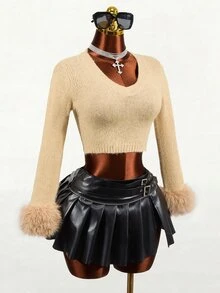 Mistrie Women's French Style Y2k Sexy Versatile Fuzzy Patchwork Cuff Sweater Going Out Tan Autumn - Khaki - View 2
