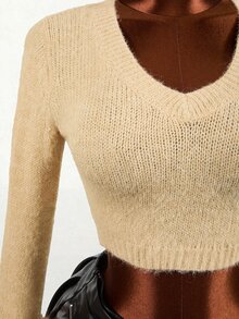 Mistrie Women's French Style Y2k Sexy Versatile Fuzzy Patchwork Cuff Sweater Going Out Tan Autumn - Khaki - View 9