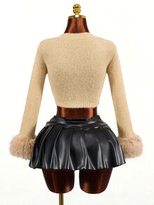 Mistrie Women's French Style Y2k Sexy Versatile Fuzzy Patchwork Cuff Sweater Going Out Tan Autumn - Khaki - View 3